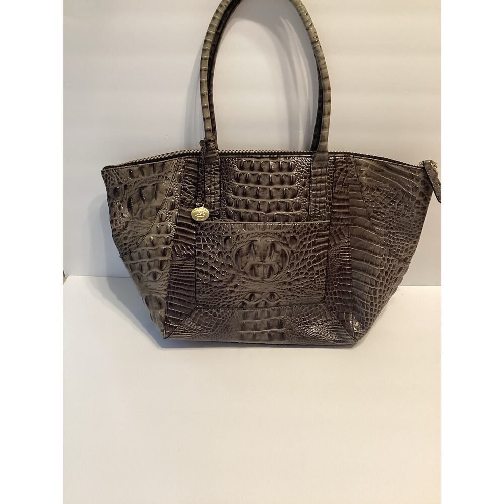 Brahmin Gray And Brown Large Genuine Leather Tote Bag Purse